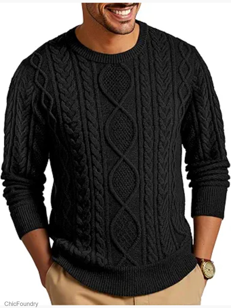 Classic Crewneck Cable Knit Pullover Sweater Men's Slim Fit Stretch